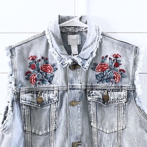 Forever 21 Blue Floral Embroidered Fray Denim Vest - Picture 4 of 8